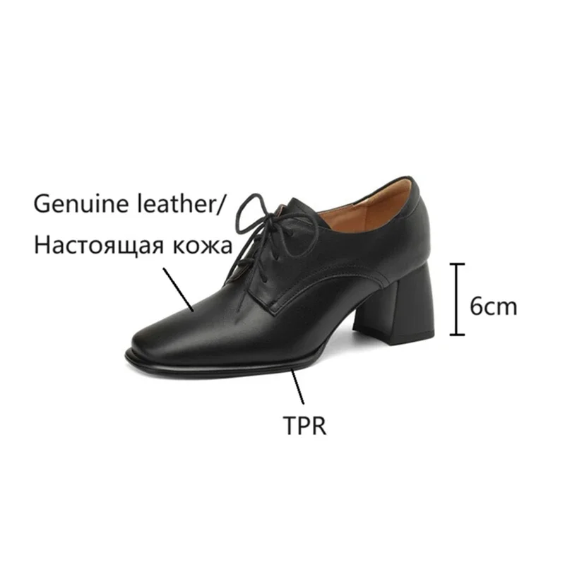 Spring/Autumn Women Pumps Genuine Leather Shoes for Women Square Toe Chunky Heel Women Pumps Lace-up Shoes Black High Heel Shoes