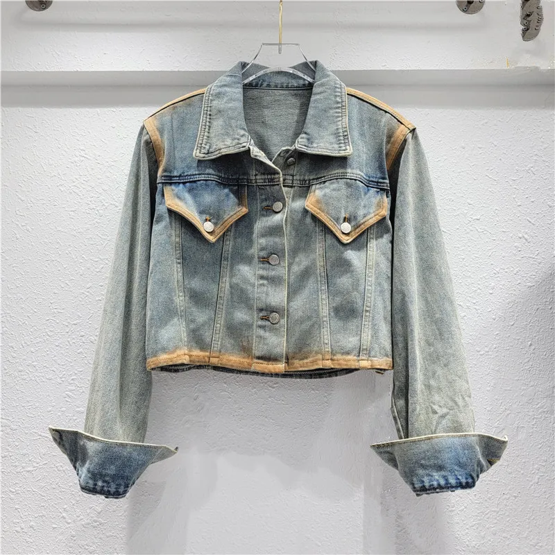 

Spring Women Tie-dye Contrast Color Short Jeans Jacket Vintage Washed Light Blue Cowboy Outwear Casual Long Sleeve Denim Jacket