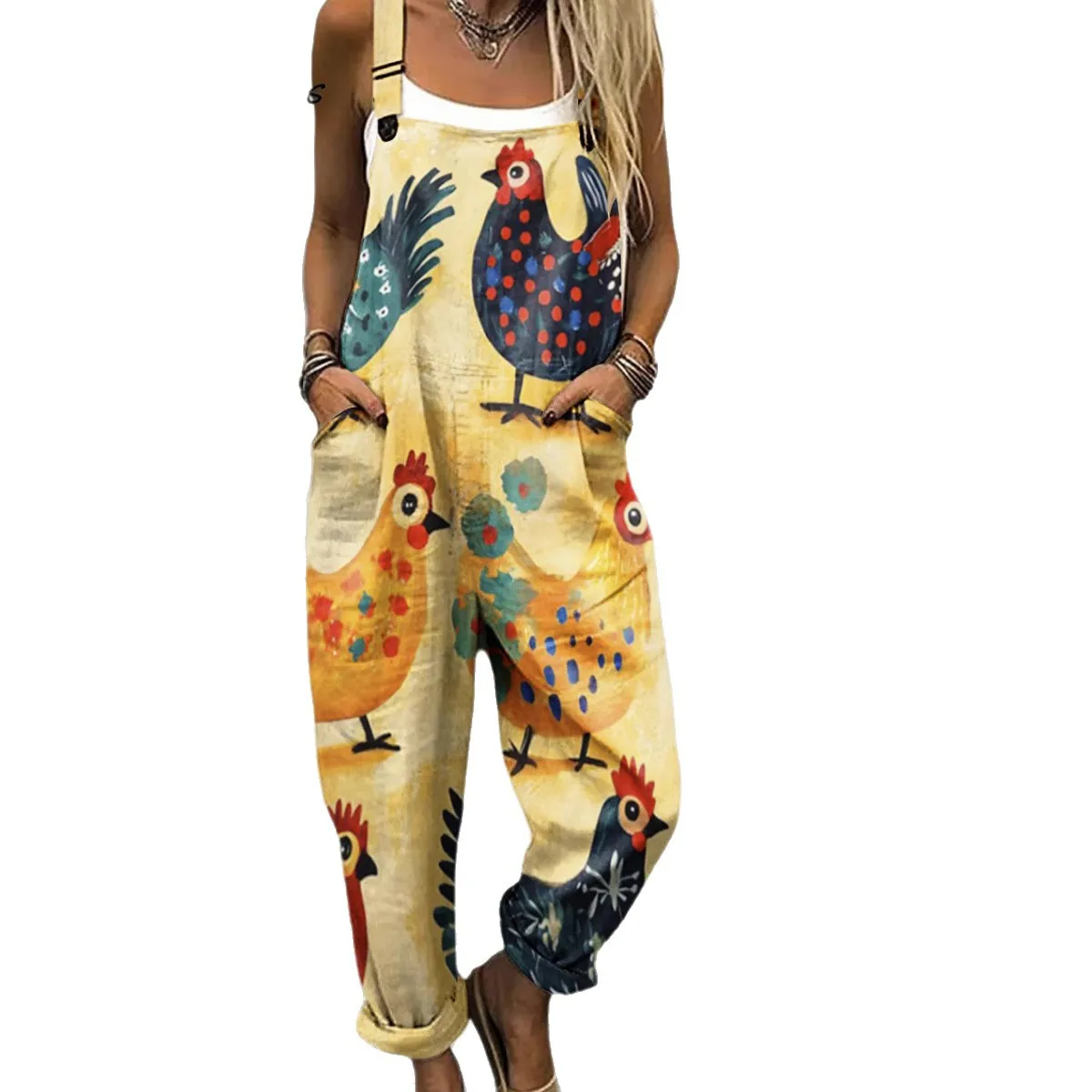 Botanical Jumpsuit Sleeveless 3D Pocketed-Style Jumpsuit Elegant Tropical Beachwear Overalls Relaxed Fit V-Neck Jumpsuits