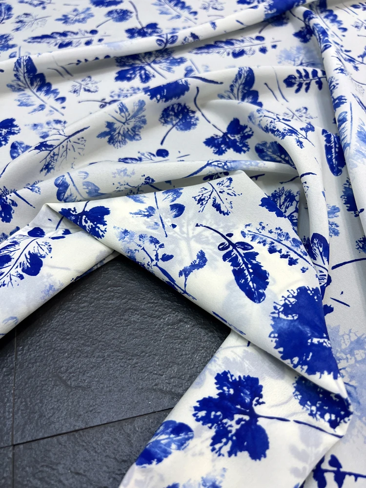 Blue Leaves White Natural Mulberry Silk Stretch Double Georgette Fabric for Shirts and Dresses