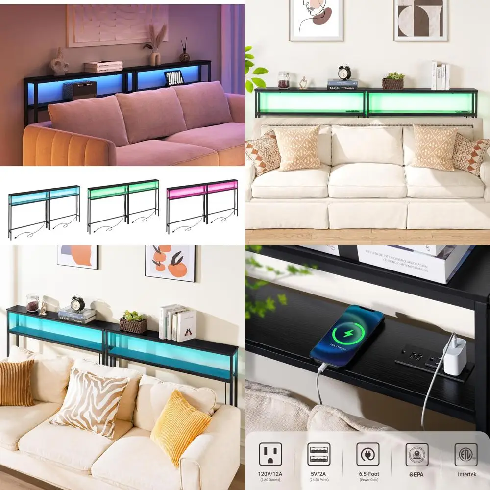 ELYKEN 2 Pack 5.9 Narrow 2-Tier Console Sofa Table with LED Strip Light, 5.9 Dx39.4”Wx39.4”H Long Behind Couch Table with Charge