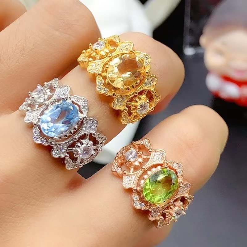 

Vintage Silver Topaz Ring for Party 1ct 6mm*8mm Natural Peridot Jewelry 925 Silver Citrine Ring with 18K Gold Plating