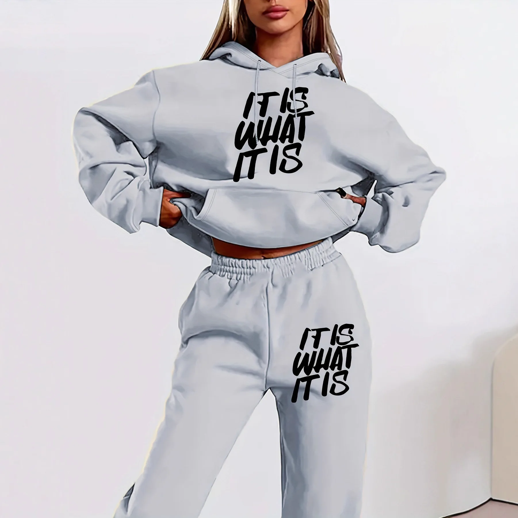 

Ladies' two-piece set with printed hoodie, sweatshirt and pants, loose coat, streetwear, casual outfit for Daily Fashion Wear