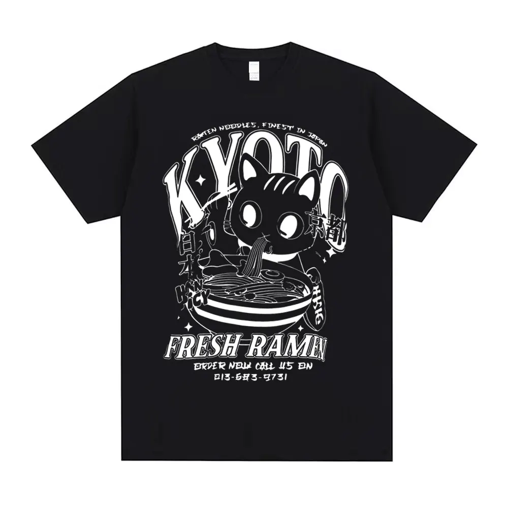 Japanese Vintage Kyoto Fresh Raman Cat Funny Meme T Shirts Men's Casual T-shirts Men Women Cotton Oversized Short Sleeve Tshirt