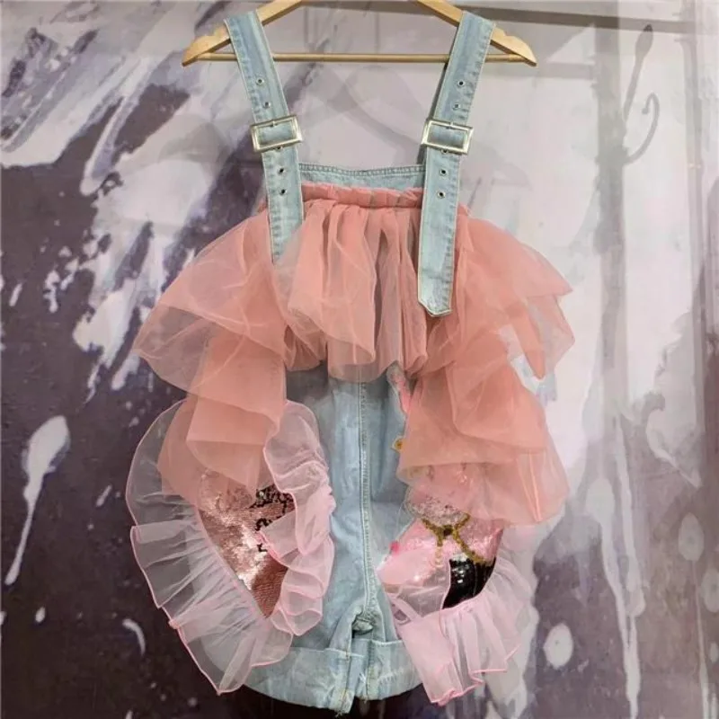 

Woman Mesh Spliced Ruffles Denim Shorts Jumpsuits Floral embroidery Sequined Washed Jeans Overalls Gauze Lotus Cowboy Rompers