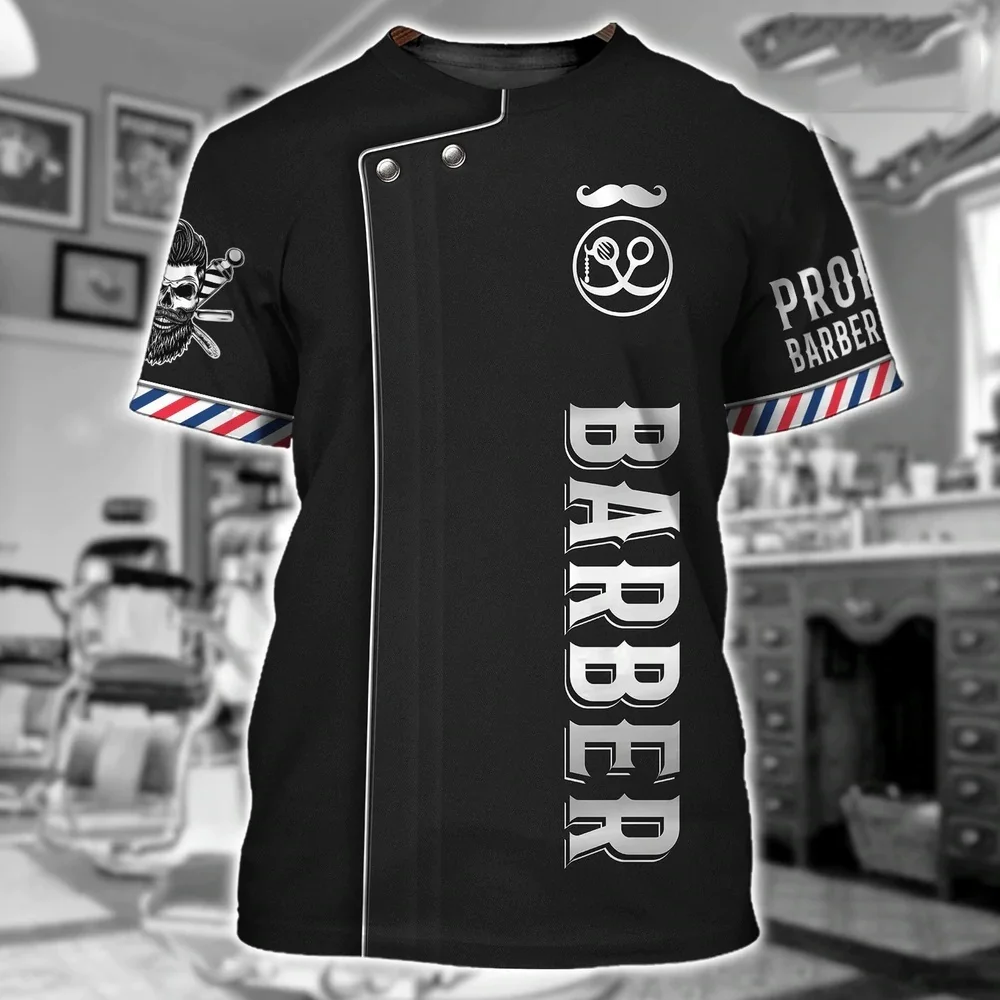 Barber Theme Short-sleeve T-shirt Retro American Pattern Unisex Casual Top for Daily Wear & Barber Shop Staff