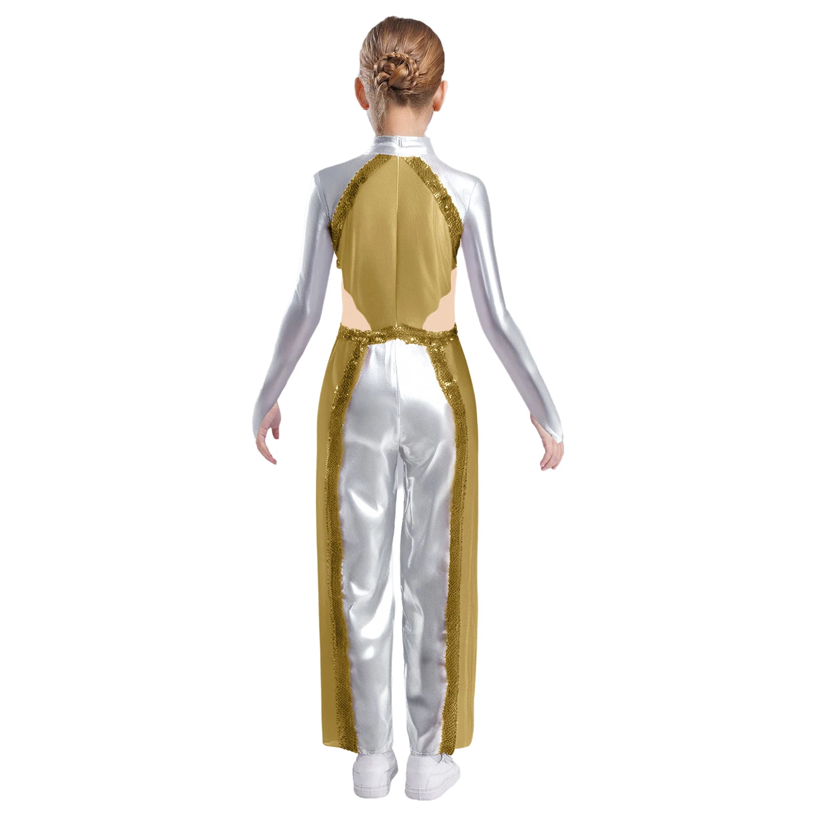 Kids Girls Liturgical Praise Dance Jumpsuit Metallic Shiny Sequins Color Block Long Sleeve Mesh Patchwork Bodysuit Church Gown