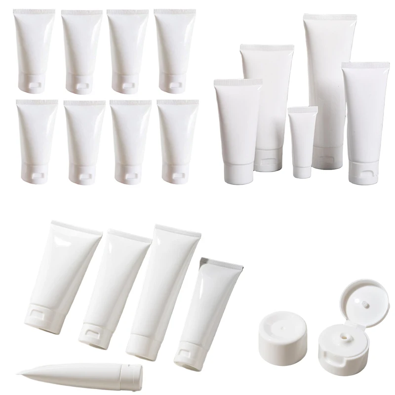 50Pcs 10/20/30/50/100ml White Plastic Soft Tubes Portable Travel Cosmetic Sample Bottles Leakproof Makeup Storage Containers