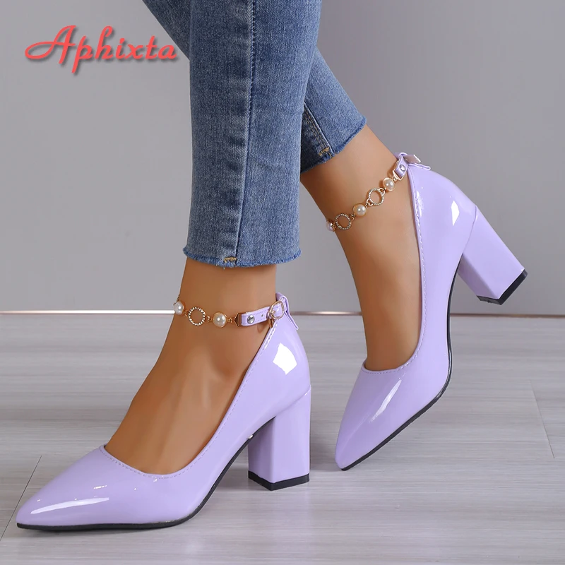 Aphixta Hot Sale Pumps Women Shoes Luxury Pearl Crystals Chain Buckle Strap 7cm Chunky Heel Parent-child Students Big Size 30-46