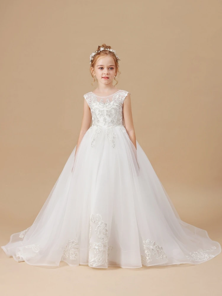 

Flower Girl Dresses White Tulle Sliver Flory Appliques With Tailing Sleeveless For Wedding Birthday Party Holy Communion Gowns