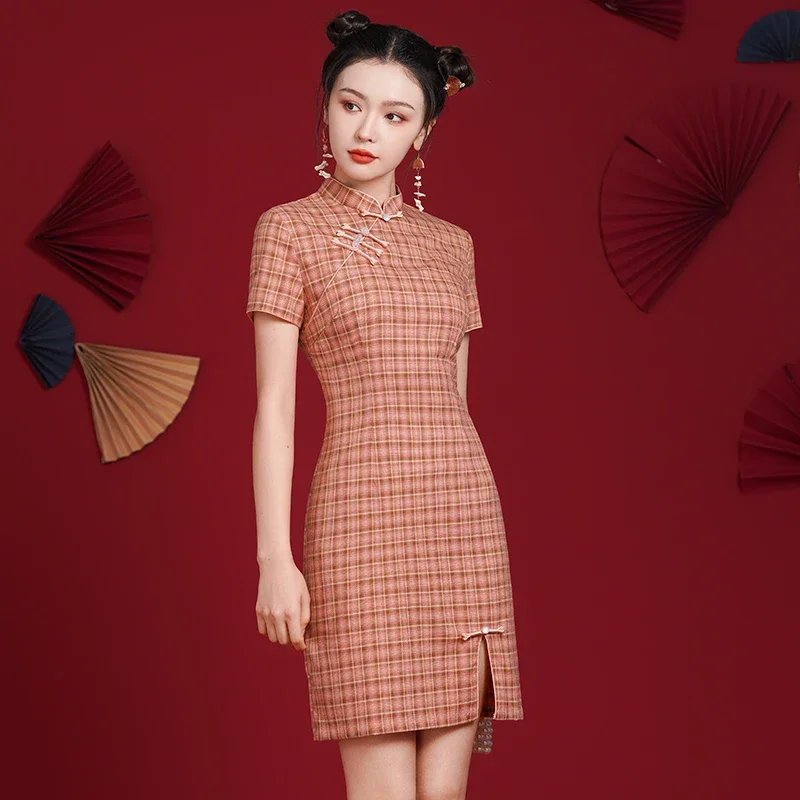 

Летнее женское платье Cheongsam с короткими рукавами, винтажное розовое клетчатое платье Ципао для свадебной вечеринки, китайский Новый год