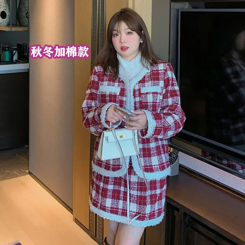 150Kg Plus Size Women's Bust 155 Autumn Winter Small Fragrance Style Loose Coat Short Skirt Two-Piece Set Red 5XL 6XL 7XL8XL 9XL