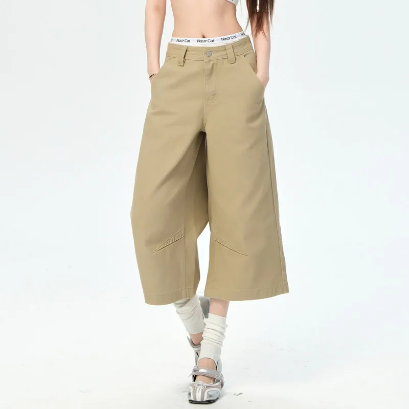 

Summer Khaki Vintage Loose Fit Wide Leg Seven-Foot Denim Baggy Pants Women Y2K Casual High Waist Folds A-line Jeans Shorts Femme