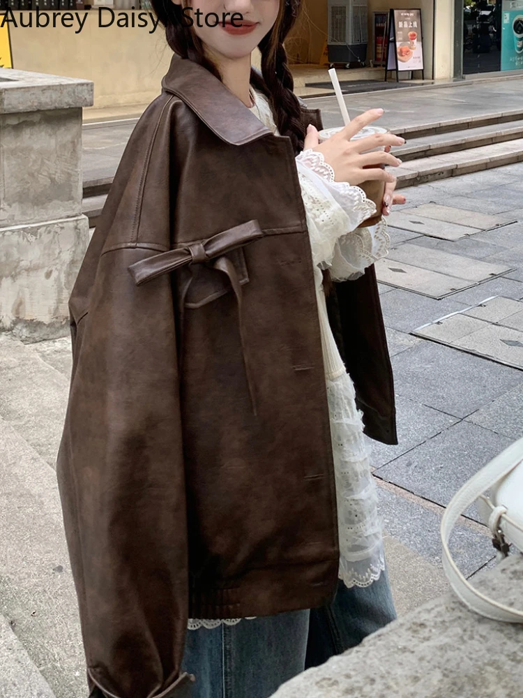 Chaqueta de cuero marrón Punk de invierno para mujer, chaqueta de cuero de motociclista con cremallera de calle alta, ropa de calle informal con diseño de lazo, prendas de vestir exteriores nuevas