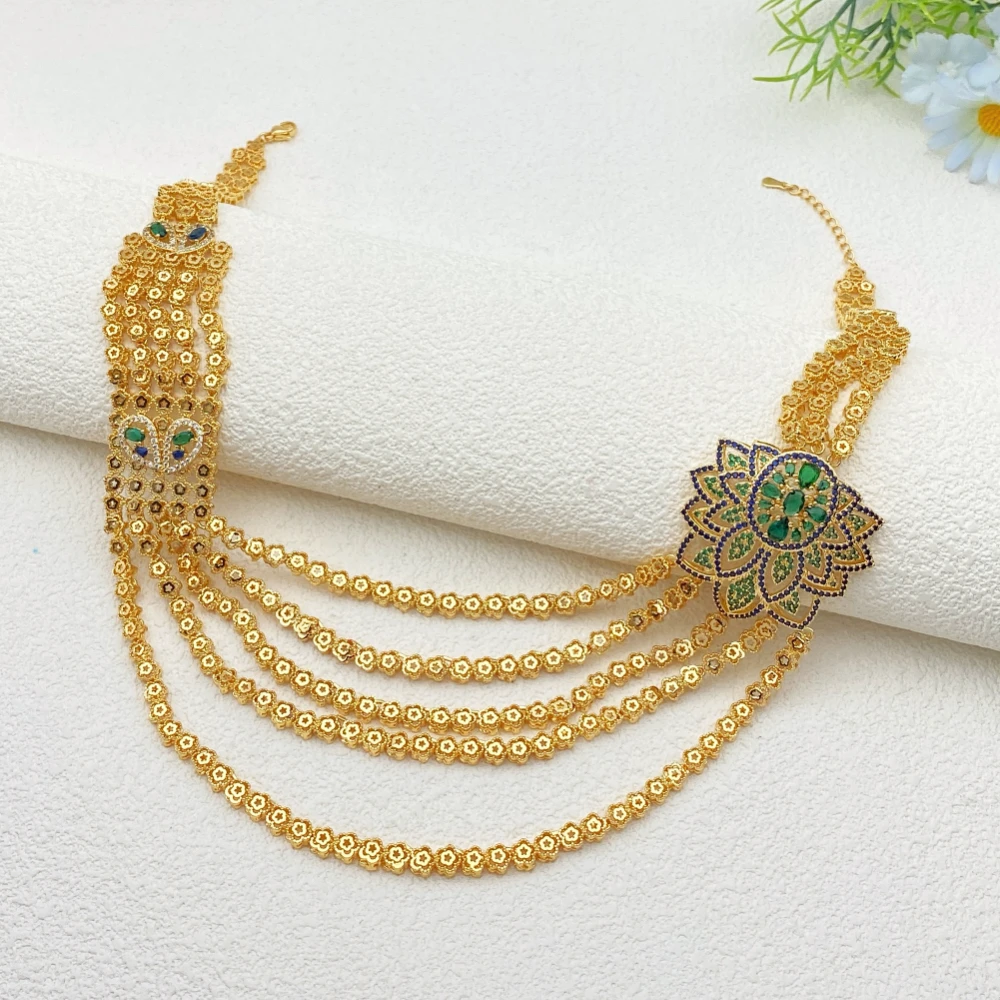 Flora Bridal Gold Plated Copper Zircon 4pcs Women Jewelry Set Wedding Ceremony Gala Bracelet Ring Necklace Earrings