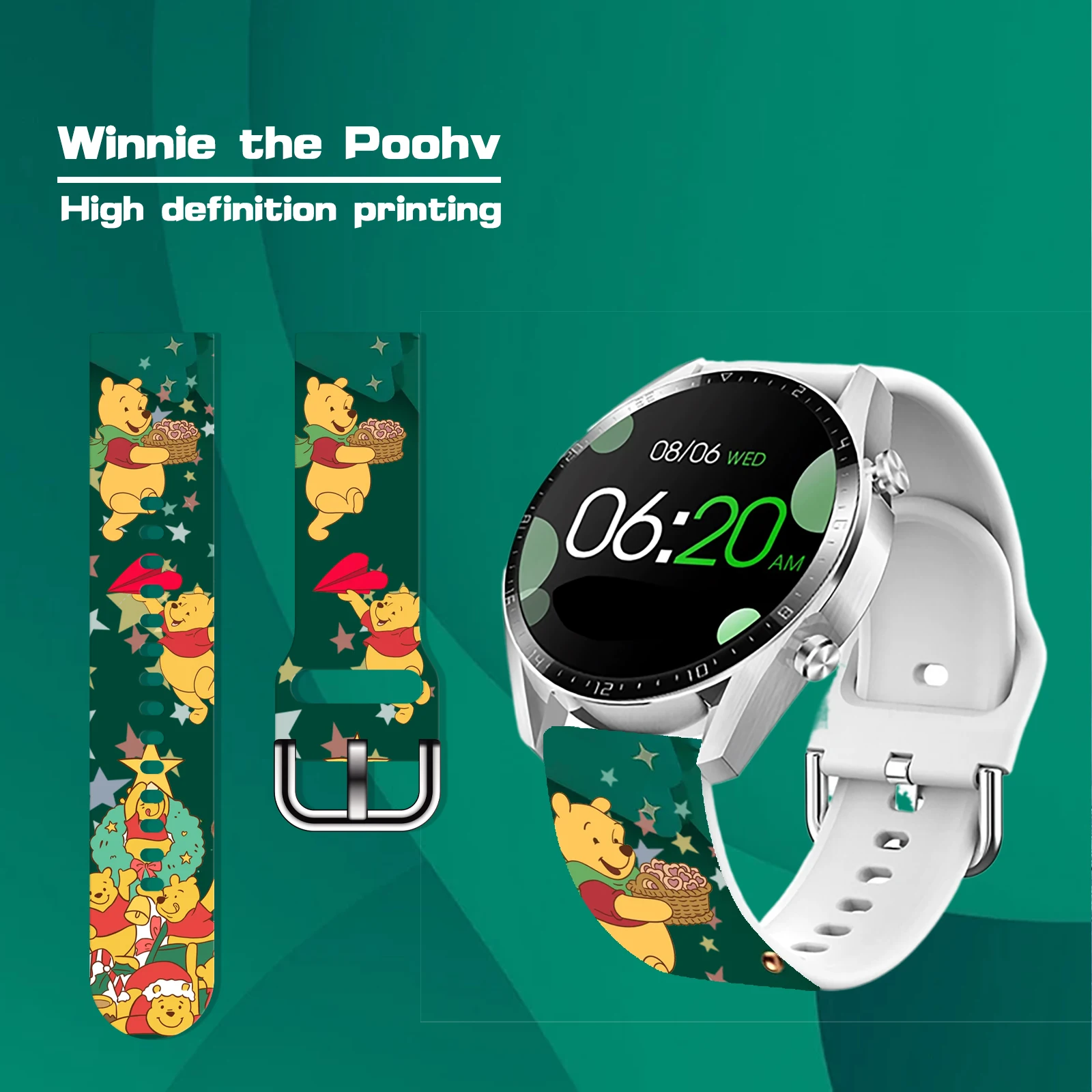 20 mm Weihnachts-Pooh-Bär-bedrucktes Armband für Samsung Galaxy Watch 7/6/5/4 40 mm 44 mm Band, austauschbares Armband für Xiaomi Amazfit