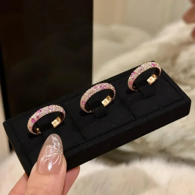 New in Rose-golden Sweet Style High quality ring gradient peach pink white crystal beads rings for women Light luxury jewelry