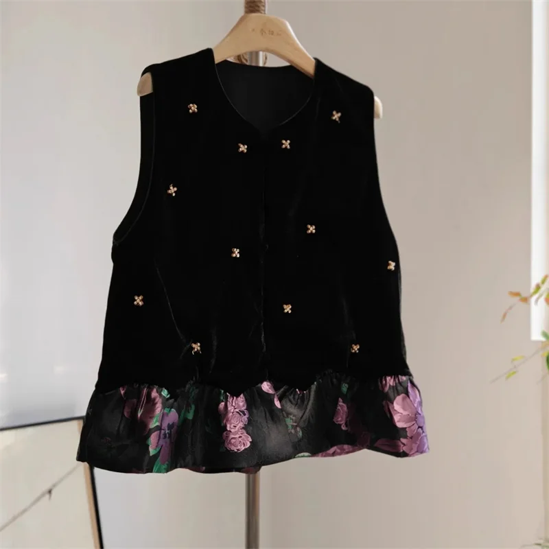 Women's Vest Early Autumn  Round Neck Stitching Lace Vest Coat High Sense Retro Coat Fashion Age-reducing Velvet Vest Coat Woman
