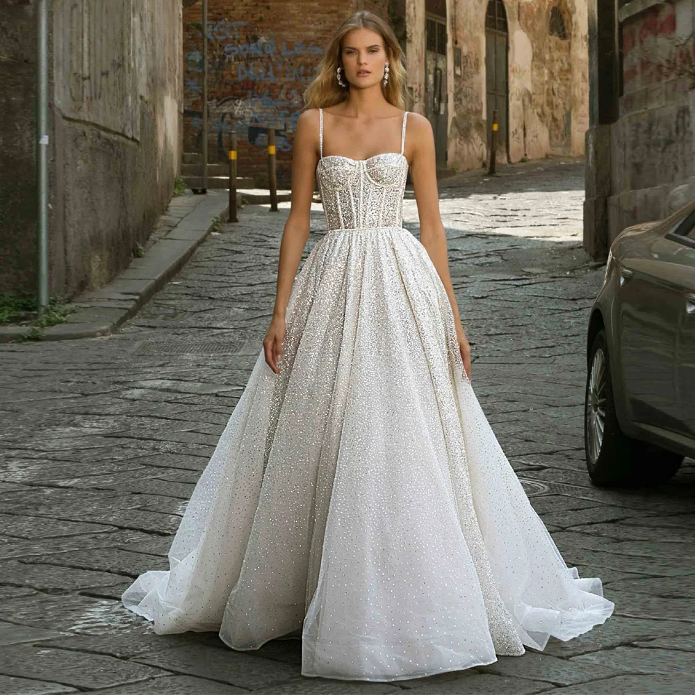 

Fancy Sweetheart A-Line Wedding Dresses For Bride Spaghetti Straps Zipper Back Backless Pleat Court Train Custom Made Color/Size
