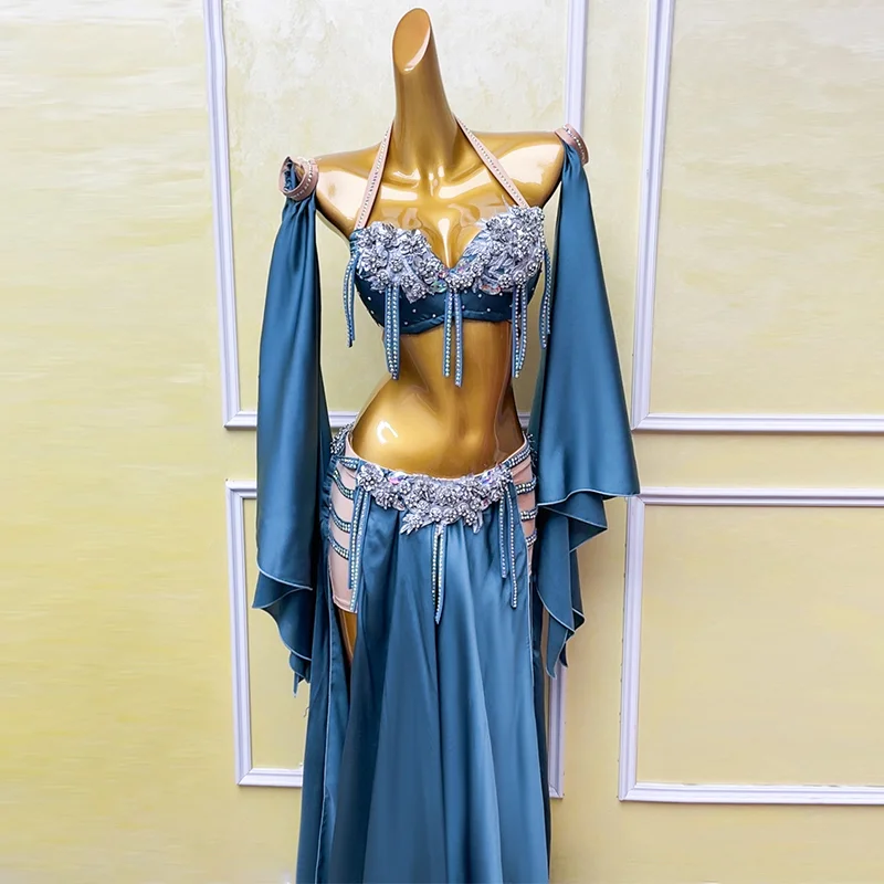 Costume de compétition professionnelle de danse du ventre orientale pour femmes, soutien-gorge + jupe + manches, 3 pièces, vêtements de Performance de danse du ventre pour adultes