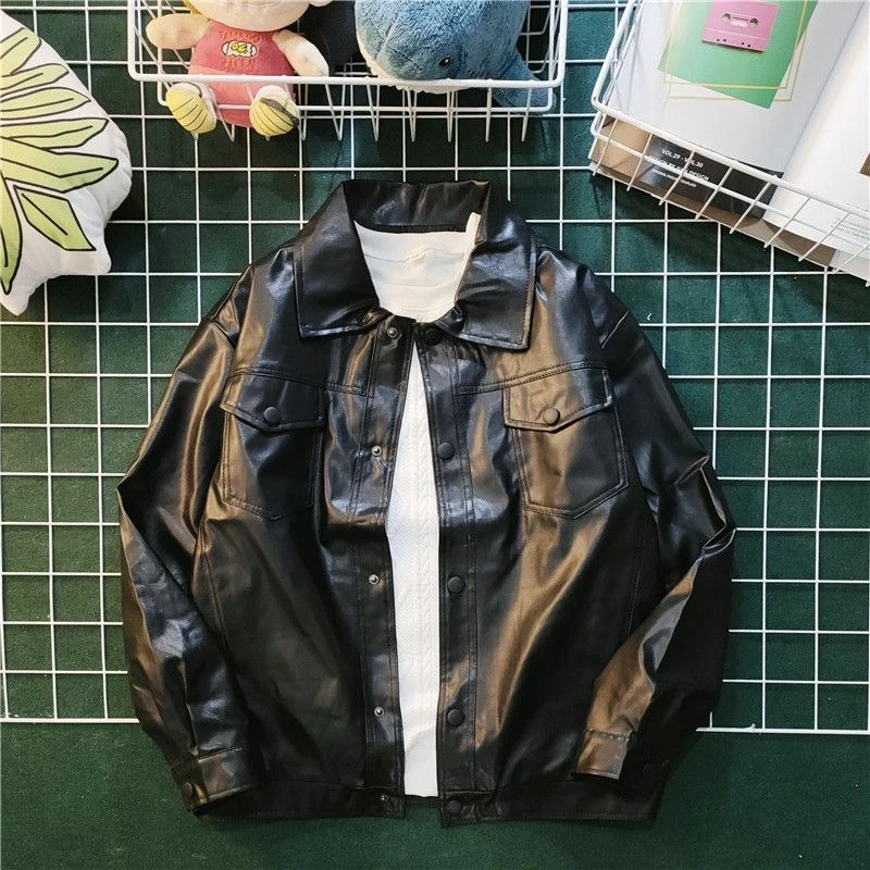 

Men's Autumn Winter Streetwear PU Leather Jacket Fashion Biker Flight Jacket with Utility Design Slim Fit Baseball Coat