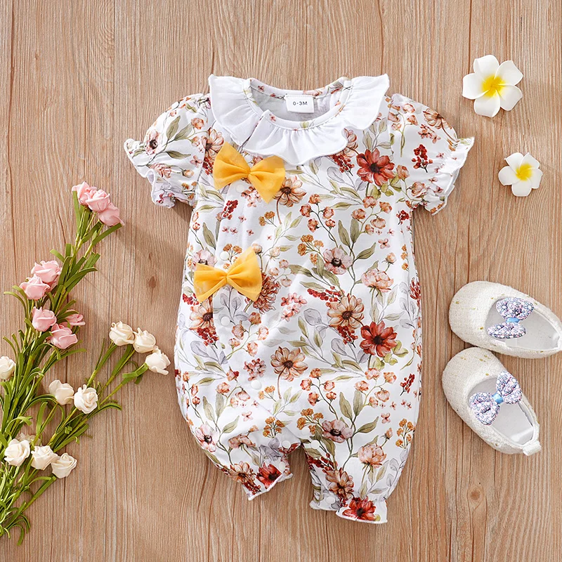 Newborn Clothes With Pastoral Floral Print For Comfortable And Soft Boys And Girls Summer 0-18 Short Sleeved Baby Jumpsuit