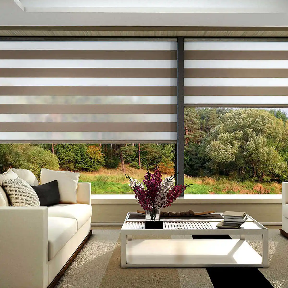 UV blocking zebra blinds. Protects furniture from fading. Soft light or full privacy. Cordless thermal. North American bestselle