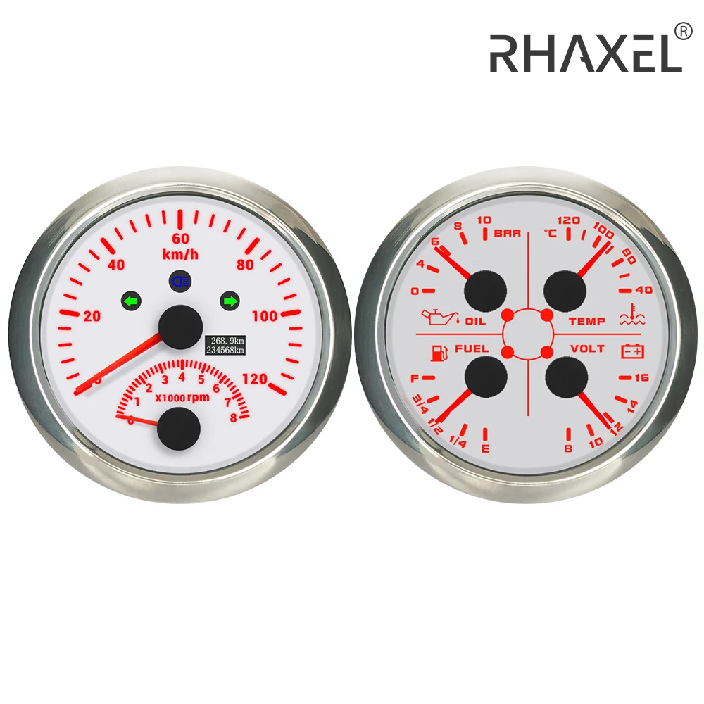 RHAXEL 85mm Car GPS Speedometer 120 200 MPH KM/H with Tachometer 8000RPM Oil Pressure 10Bar Water Temp Fuel Level Voltmeter 12V