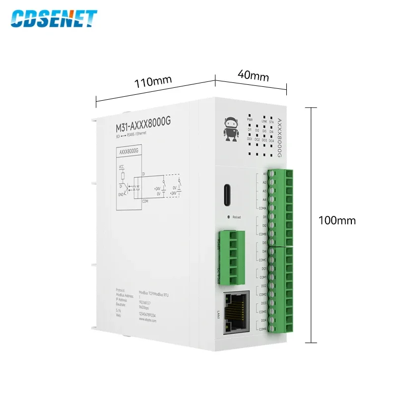 8DI Remote IO Module RS485 Ethernet CDSENET M31-AXXX8000G Analog Switch Acquisition Modbus TCP RTU Firmware Upgrade PNP NPN RJ45