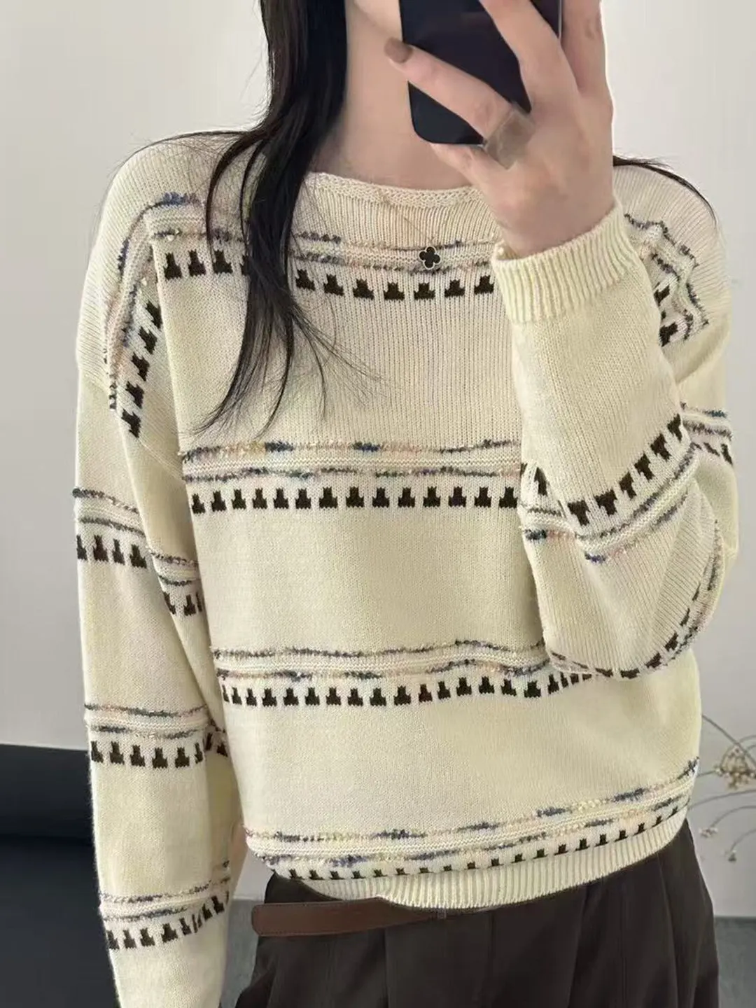 Women's Loose Long Sleeve Knitted Sweater Overhead Striped Base Layer Top Fashionable Outerwear Casual Style round Neck