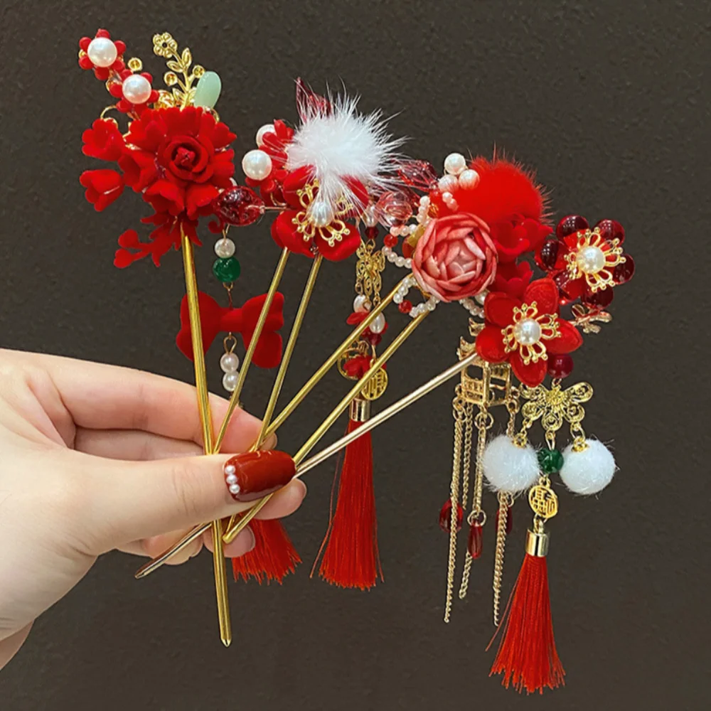 Beauty Vintage Pendant Hair Stick Classic Red Flower Chinese Headwear Ancient Style Hair Sticks for Buns Hanfu Hairpin Girls