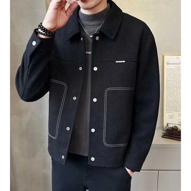 Fashion Lapel Button Spliced All-match Solid Color Jackets Mens Clothing 2023 Autumn Winter Loose Casual Tops Korean Coats