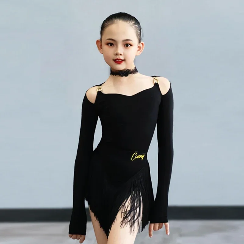 

2025 Girls Latin Dance Suit Kid Long Sleeves Tassels Dancing Practice Clothes Stage Performance Wear Training Clothes