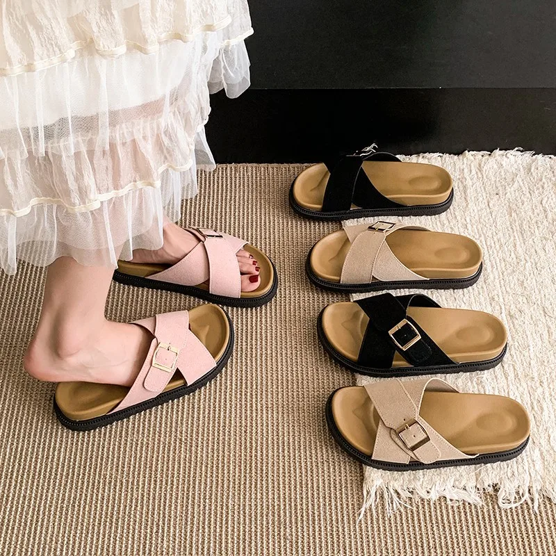 

2026 Flat Slippers Ladies' Casual Simple Hasp Flat Base SlippersComfortable Non-slip Women Slippers Fashion Cow Suede 7597