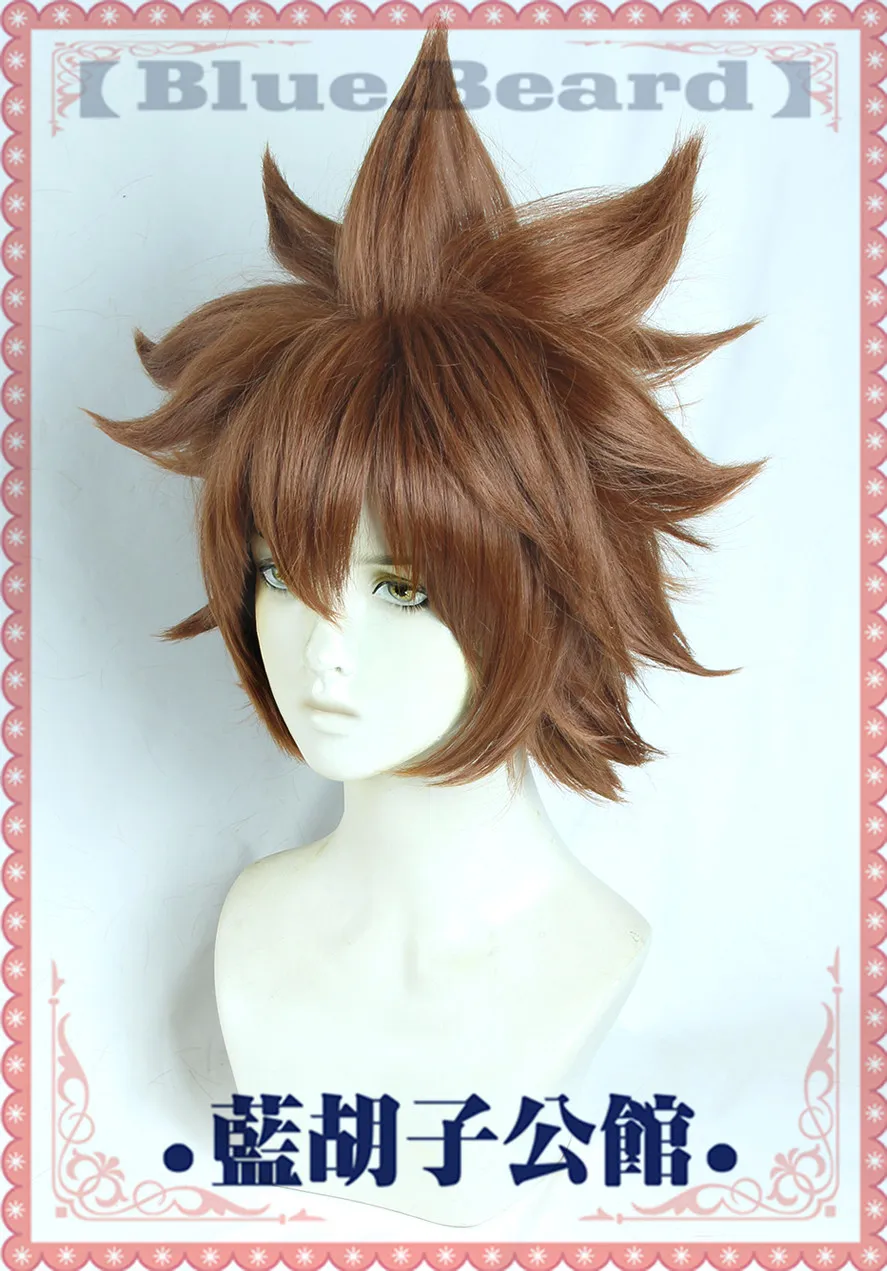 Tsuna Wig Short Brown Fluffy Layered Cosplay Wig Sawada Tsunayoshi for Men Halloween Carnival Party Props Synthetic Hair