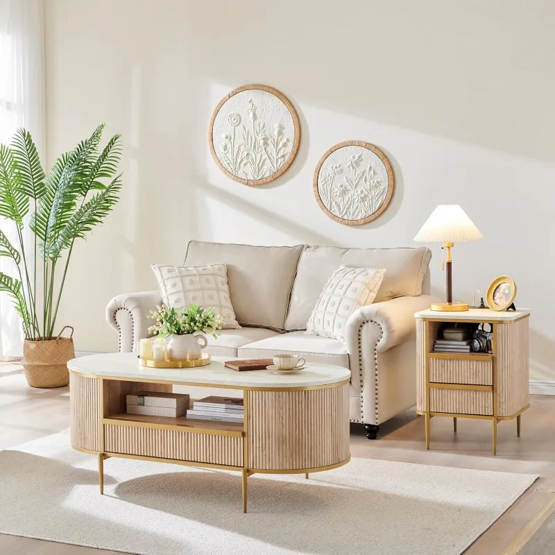 Moderne luxe gecanneleerde salontafel, 48 inch ovale salontafel met lade, kunstmarmeren blad, gebogen profielontwerp, goudkleurig metaal december