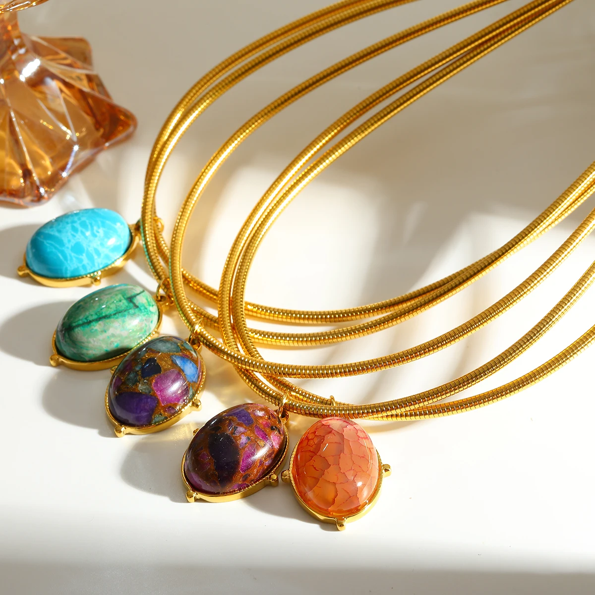 

Bohemia Oval Choker Necklace 18K Gold Plated Stainless Steel Gemstone Jewelry Pendant with Natural Stone for Women Birthday Gift
