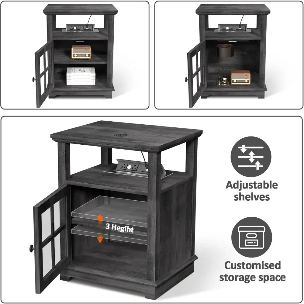 Side Table with Charging Station Set of 2, Wireless End Table Set of 2, Nightstand with Adjustable Storage Shelf for Bedroom