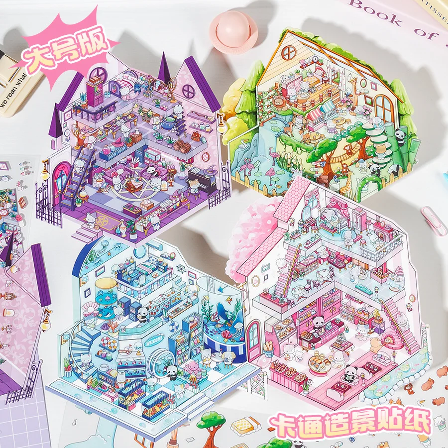 Cartoon 3D Stacking Sticker DIY Decor Kawaii Anime Panda Stimulated Store Landscape Sticker Funny Scene Sticker Student Supplies