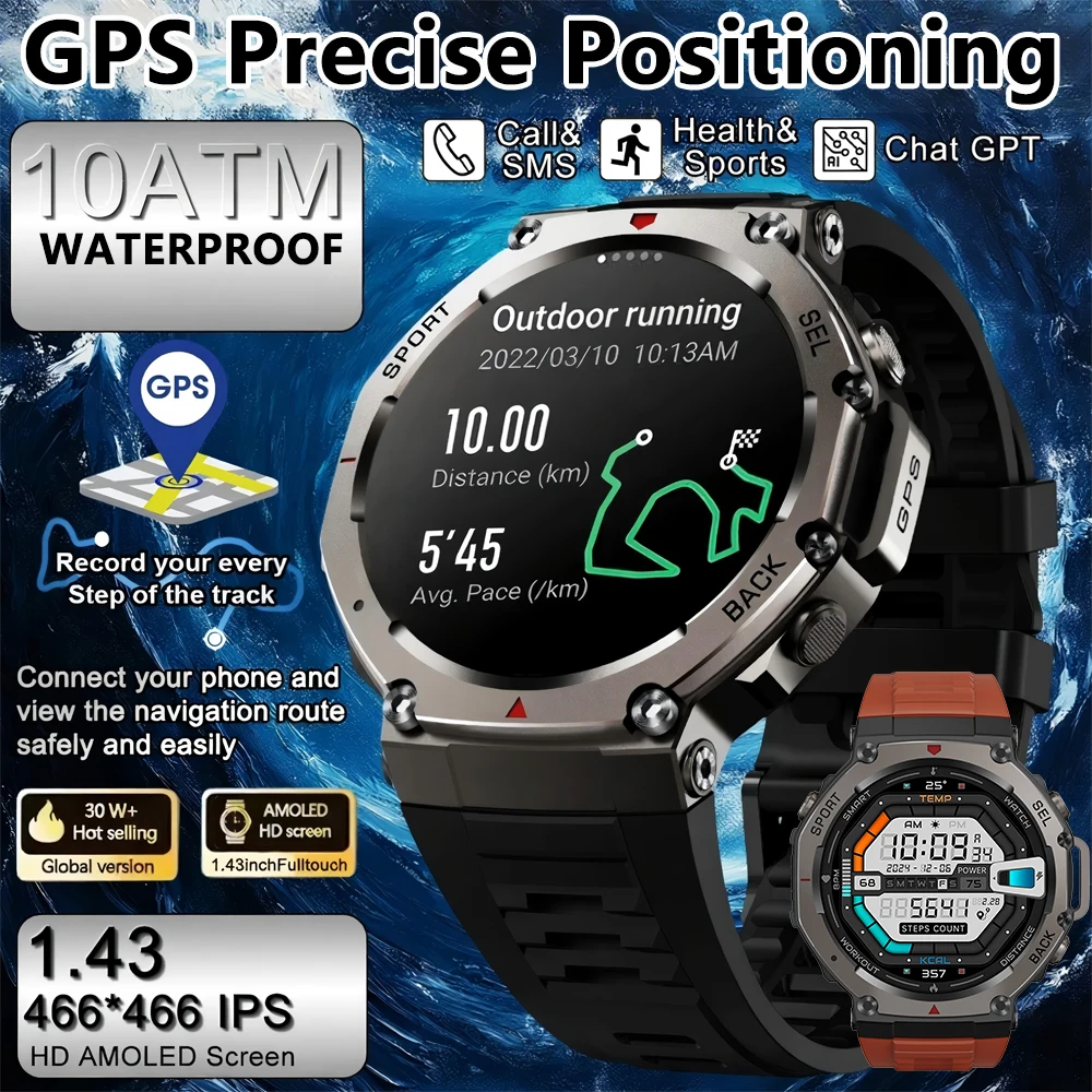 

2025 New Military Smart Watch Man Built-in GPS Compass Barometric Altimeter Bluetooth Call 5ATM Waterproof Sports Smartwatch Men