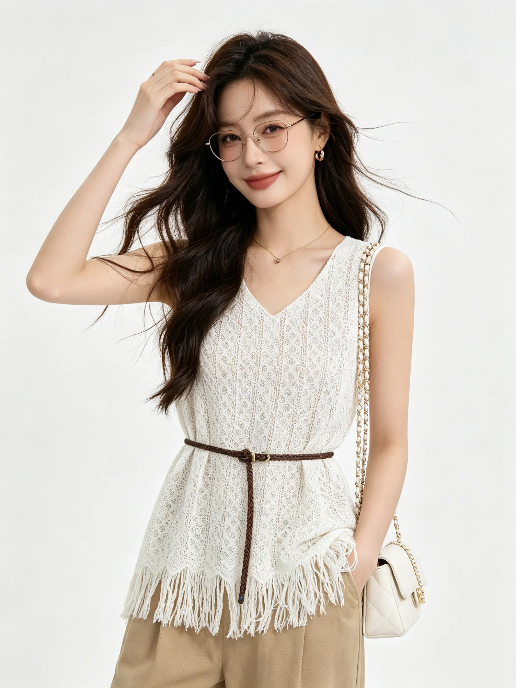 

Skin-friendly Korean Style V-neck Tassel Top Hollow out Embroidery Slimming Summer Shirt Design Breathable Loose Fit Women's ...