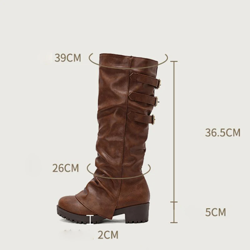 Girseaby 2025 Women Design Knee High Boots Round Toe Chunky Heels 5cm Platform 2cm Slip On Belt Fastener 43 44 45 Casual Booties