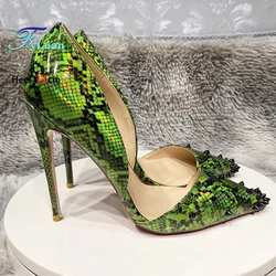 Sexy Side Empty Lady Snake Patted High Heels 8-12cm Fashion Rivet Shoes For Women's Gladiator Green Stiletto Pumps Size 35-45