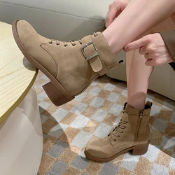 2023 Modern Boots Women Spring Autumn Cross-tied Zipper Thick Heels Belt Buckle Shoes Ankle Boots Classic Size 42