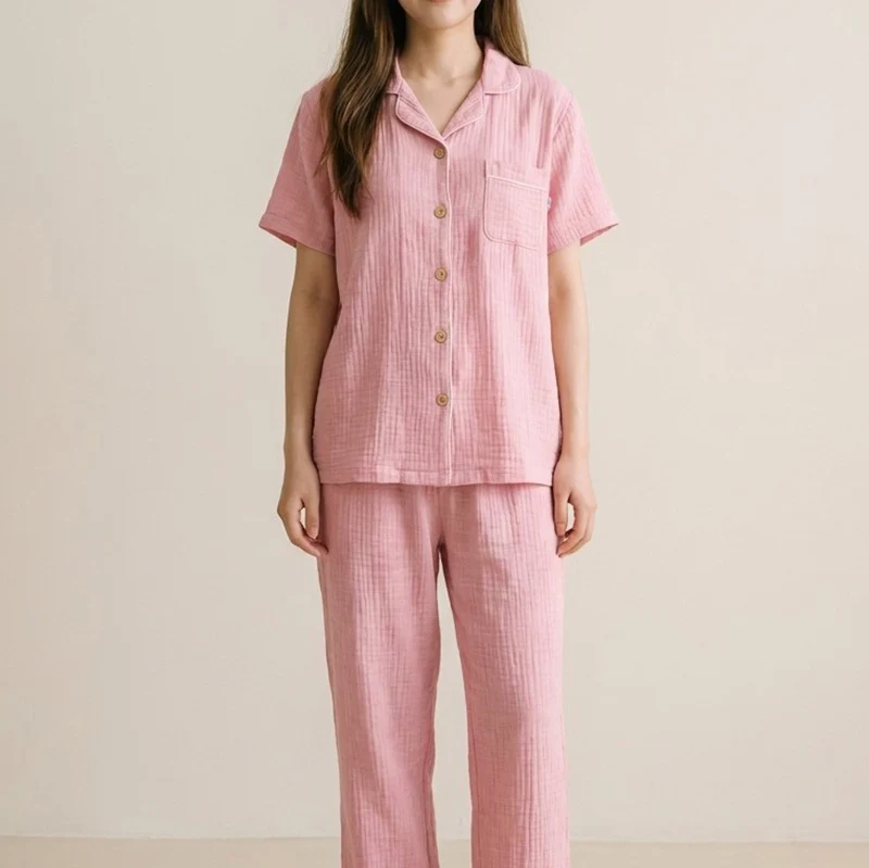 Cotton Sleepwear Women Men Loungewear Short Sleeve Top Pant 2Pcs Home Clothes Soft Nightwear Summer New Pajamas Suit Shirt Pant