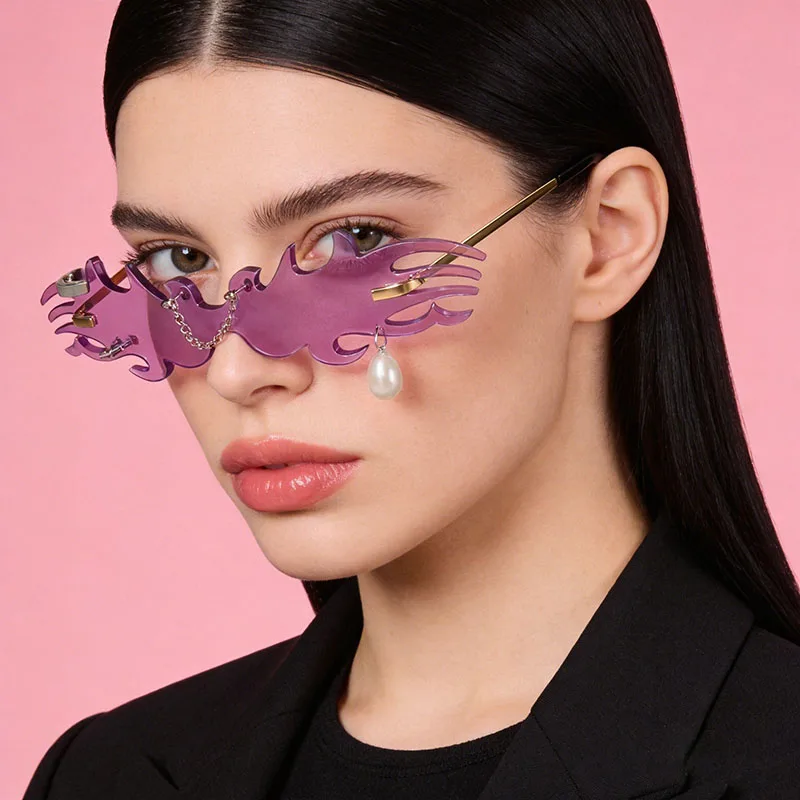 

Fashion Women Fire Flame Style Sunglasses Pearl Rimless Sunglasses Novelty Metal Frame UV400 Sun Glasses Party Cosplay Eyewears