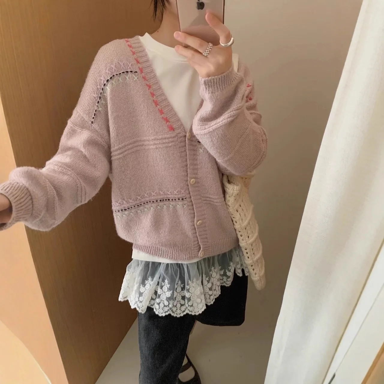 

High-end Hand-threaded Contrasting Mohair Knitted Cardigan Jacket for Women 2025 Fall Lazy Style Loose Sweater