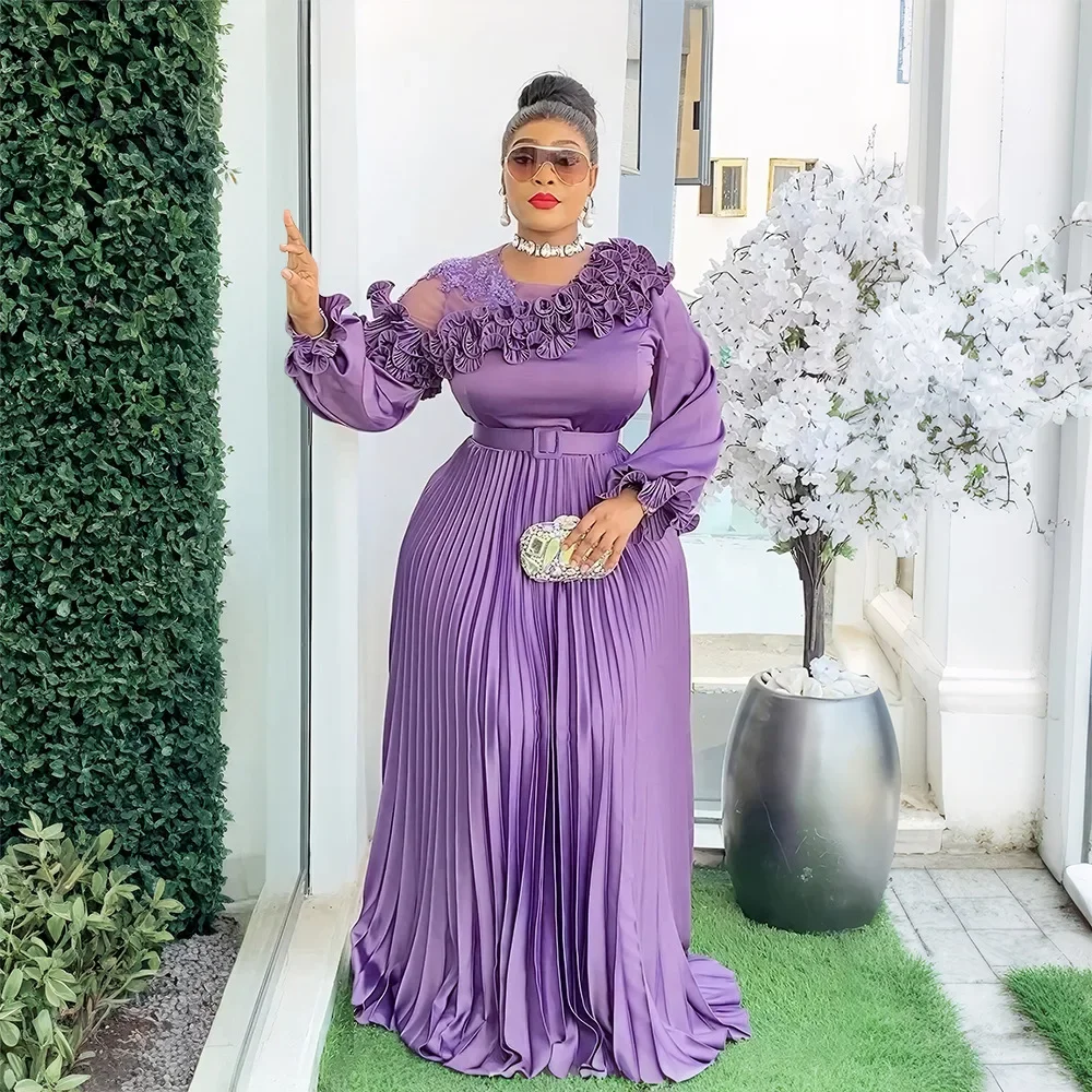 

Plus Size African Flower Dresses for Women Pleated Long Sleeve Evening Dress Dashiki Ankara Africa Clothing Wedding Party Gown