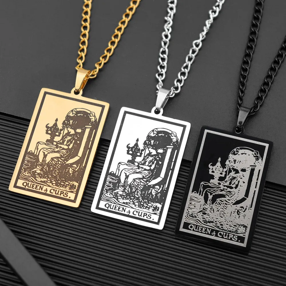 Stainless Steel Holy Grail Tarot Queen Pendant Men's Vintage Necklace