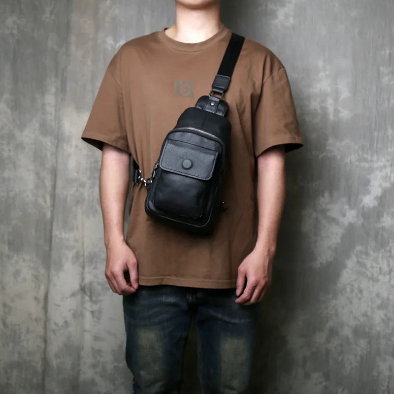 Men's First Grade Genuine Leather Chest Bag, Casual Retro Soft Cow Leather Crossbody Bag, Commuter Sling Shoulder Bags Back Pack